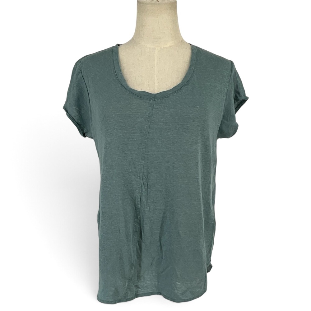 Tahari Womens 100% Linen V-Neck Short Sleeve Top Muted Teal Blue Size Medium